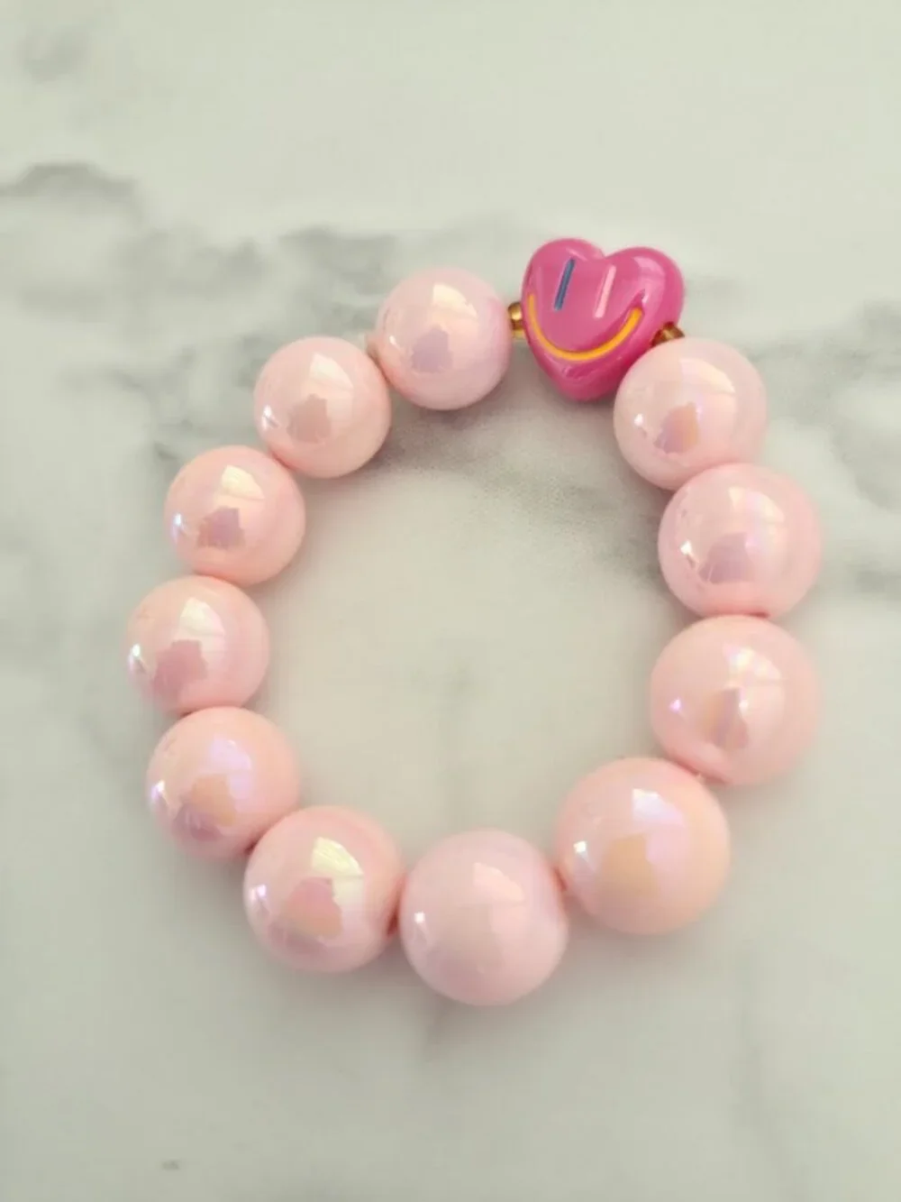 Pink Chunky Beaded Stretch Bracelet Smiley Heart Charm Y2K Jewelry